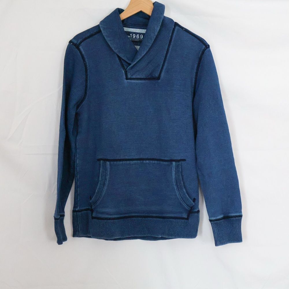 Gap Men's 1969 Indigo Shawl Collar Pullover Sweatshirt with kangaroo pocket M